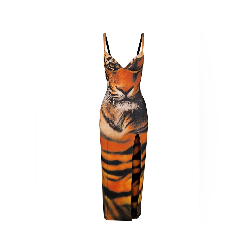 Roberto Cavalli Orange and Black Tiger Print Maxi Dress